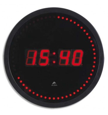 ALBA Horloge à led Horled cadre plastique noir lentille en verre D 30 cm affichage numérique rouge à quartz