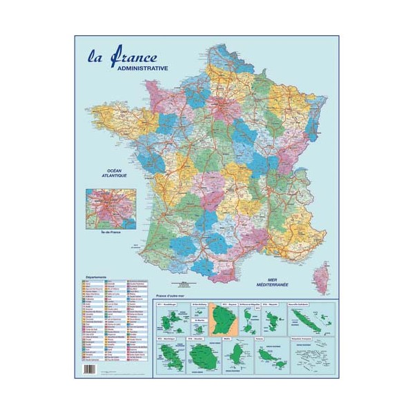CBG Carte France Administrative, Routière et Dom-Tom murale - Pelliculée 66 x 84,5 cm
