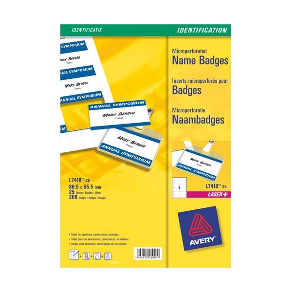 AVERY Pochette de 200 étiquettes pour badges à clip plastique format 5,5 x 8,6 cm