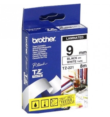 BROTHER Ruban pour PTouch laminé Noir / Blanc 9 mm x 8 m - TZe 221