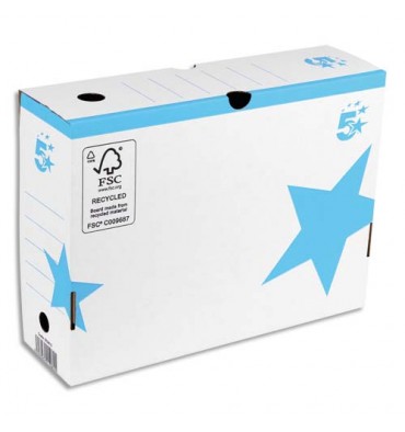 5 ETOILES Boîte à archives couleur dos de 10 cm, en carton ondulé kraft blanc imprimé bleu