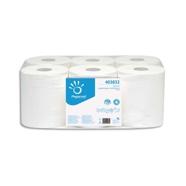 PAPERNET Paquet de 6 Bobines d'essuyage à dévidage central 2 plis pure cellulose, 450 formats L108m blanc