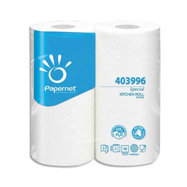 PAPERNET Paquet de 2 Essuie-tout 2 plis pure cellulose, 48 formats L11,80 mètres coloris blanc