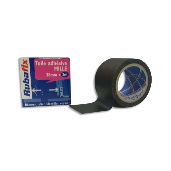 RUBAFIX Rouleau de toile adhésive MILLE plastifiée et imperméable noir de 38 mm x 3 m
