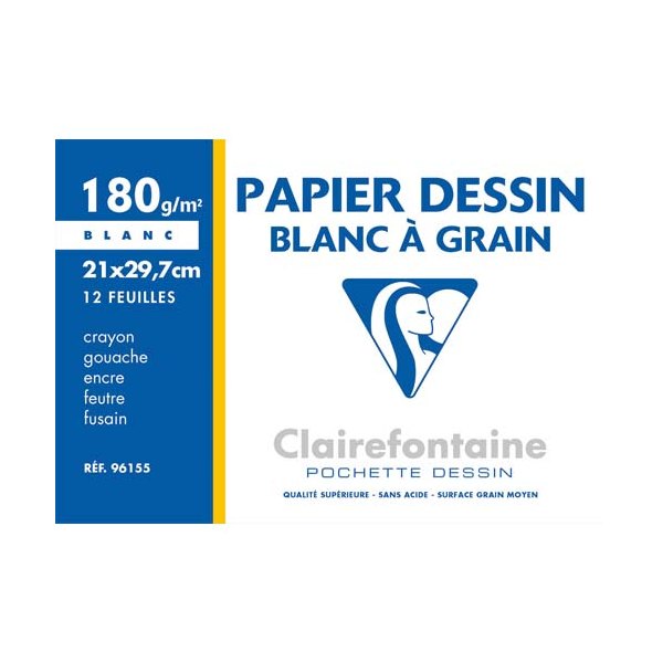 CLAIREFONTAINE Pochette de 12 feuilles papier dessin blanc A4 180g