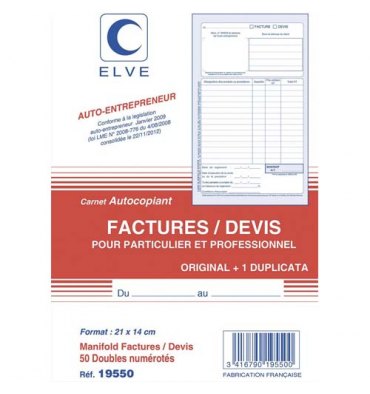 ELVE Manifold entrepreneur autocopiant factures / Devis  format 210 x 140 mm. 50 feuillets dupli
