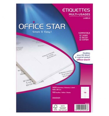 OFFICE STAR Boîte de 2700 étiquettes multi-usages blanches 70 x 31 mm OS43442