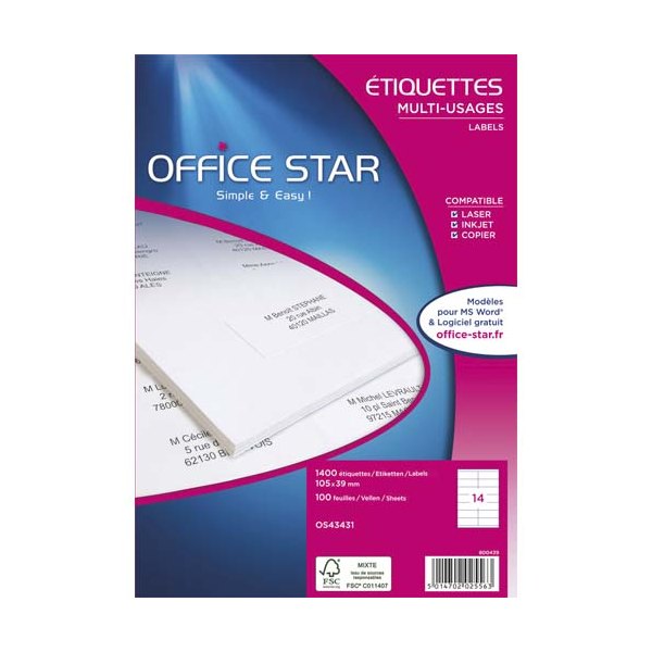 OFFICE STAR Boîte de 1200 étiquettes multi-usages blanches 97 x 42,4 mm OS43659