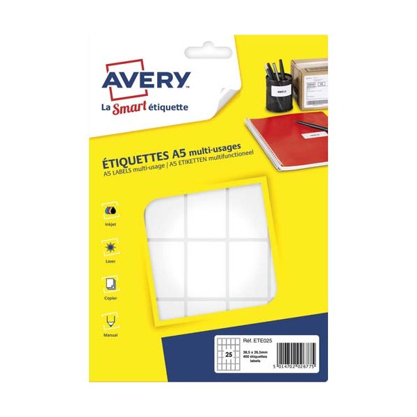 AVERY Sachet de 400 étiquettes multi-usages blanches 38,5 x 26,5 mm. Planche format A5. ETE025