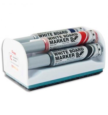 MAXIFLOW Kit brosse magnétique équipée de 4 marqueurs pour tableau blanc assortis pointe conique large