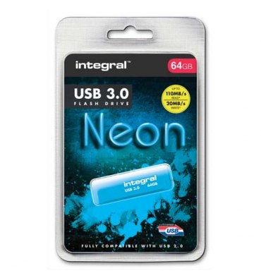 INTEGRAL Clé USB 3.0 Neon 64Go Bleue INFD64GBNEONB3.0 + redevance