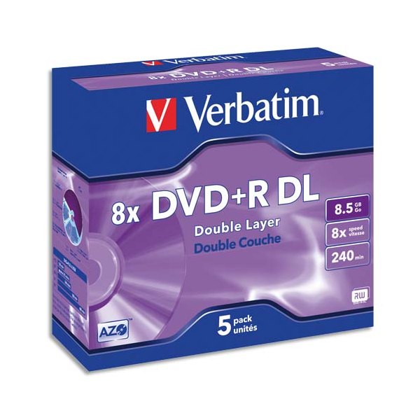 VERBATIM Pack de 5 DVD+R Dual Layer double couche / boîtier cristal 8,5GB 8x + redevance 43541