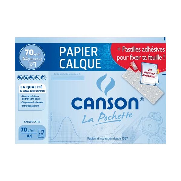 CANSON Pochettes de 12 feuilles papier calque satin 70g A4 livrée avec pastilles repositionnables