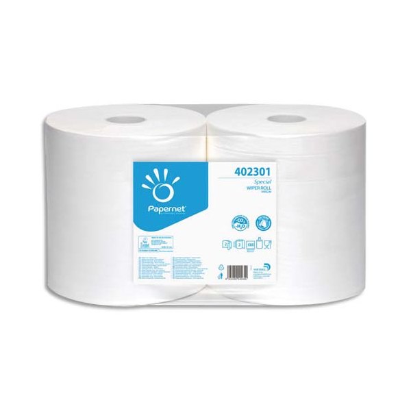 PAPERNET Paquet de 2 Bobines d'essuyage industrielle 2 plis pure cellulose, 1000 formats L305m blanc