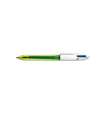 BIC Stylo bille 4 couleurs Neon. 3 Couleurs pointe 1 mm : bleu, noir, vert et la couleur jaune fluo avec pointe de 1,6 mm