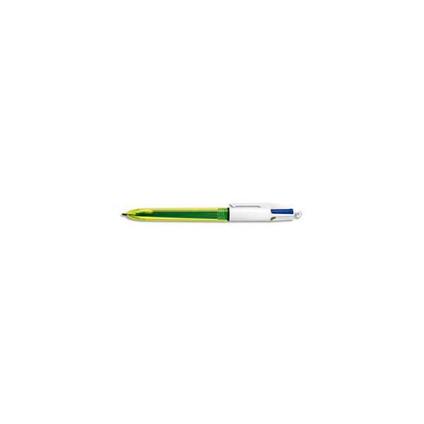 BIC Stylo bille 4 couleurs Neon. 3 Couleurs pointe 1 mm : bleu, noir, vert et la couleur jaune fluo avec pointe de 1,6 mm