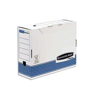 BANKERS BOX Boîte archives dos 10 cm SYSTEM, montage automatique, carton recyclé blanc/bleu 