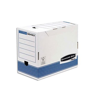 BANKERS BOX Boîte archives dos 20 cm SYSTEM, montage automatique, carton recyclé blanc/bleu 