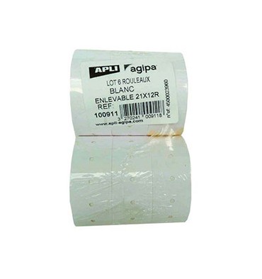 AGIPA Pack 6 rouleaux de 1000 étiquettes blanches rectangulaires enlevables 21 x 12 mm pour pinces 151991-101418