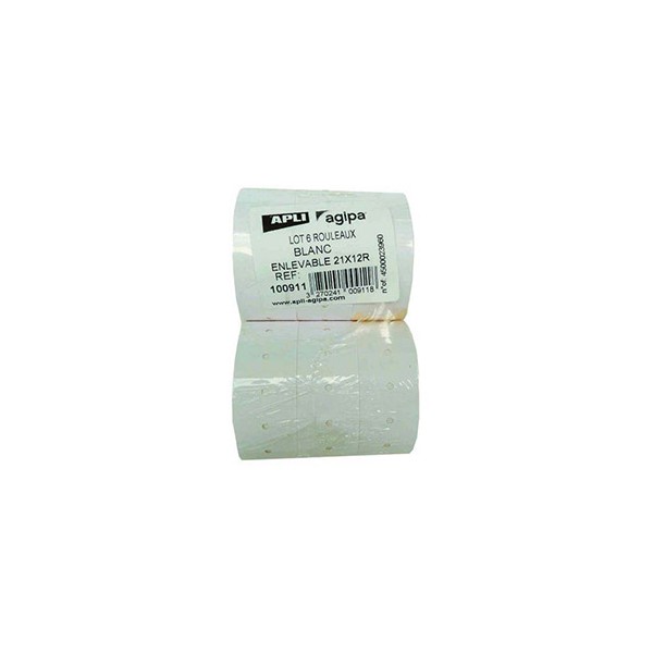 AGIPA Pack 6 rouleaux de 1000 étiquettes blanches rectangulaires enlevables 21 x 12 mm pour pinces 1