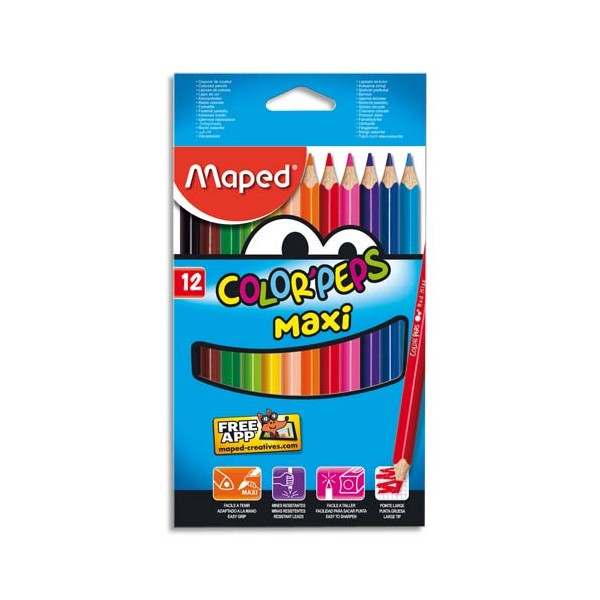 MAPED Boîte de 12 maxi crayons de couleur Color'Peps assortis, mine 4,7 mm