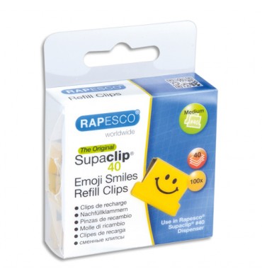 RAPESCO Boîte de 100 recharge Clips Emojis souriants jaune Supaclip en métal, capacité 40 feuilles 80g