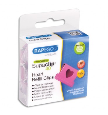 RAPESCO Boîte de 100 recharge Clips Cœurs rose Supaclip en métal, capacité 40 feuilles 80g