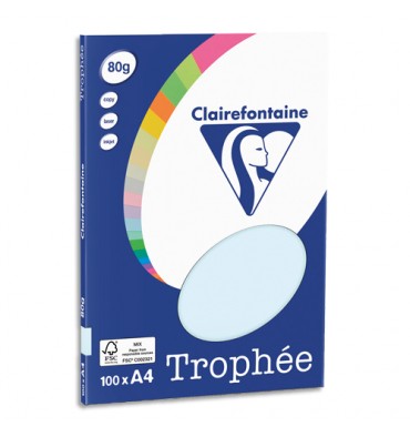 CLAIREFONTAINE Pochette de 100 feuilles papier couleur TROPHEE 80g A4. Coloris bleu pastel