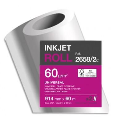 CLAIREFONTAINE Bobine papier blanc CIE170 Universel 60g pour traceur 0,914 mm x 60 m. Impression Jet d'encre