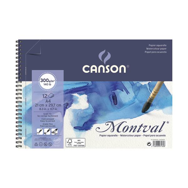 CANSON Album spiralé 12 feuilles papier aquarelle MONTVAL, A4, 300g, grain fin blanc naturel