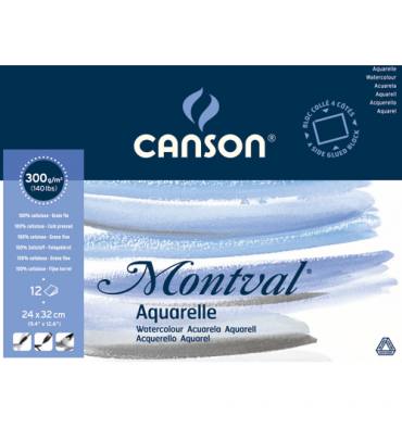 CANSON Bloc 12 feuilles papier aquarelle MONTVAL, collées 4 côtés, 24 x 32 cm, 300g, grain fin blanc naturel