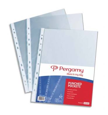 PERGAMY Boîte 100 pochettes perforées polypropylène lisse 12/100ème format A4. Coloris incolore
