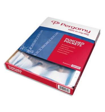 PERGAMY Boîte 100 pochettes perforées polypropylène grainées 12/100ème format A4. Coloris incolore