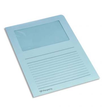 PERGAMY Paquet 100 pochettes-coin en carte 120g avec fenêtre. 22 x 31 cm. Coloris bleu clair