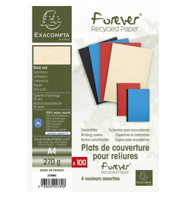 EXACOMPTA Paquet 100 plat de couverture A4 FOREVER, grain cuir 270g, coloris assortis
