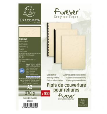 EXACOMPTA Paquet 100 plat de couverture A3 FOREVER, grain cuir 270g, coloris ivoire