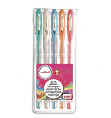 UNIBALL Pochette de 5 stylos bille à encre gel Top lights, couleurs pastelles assorties