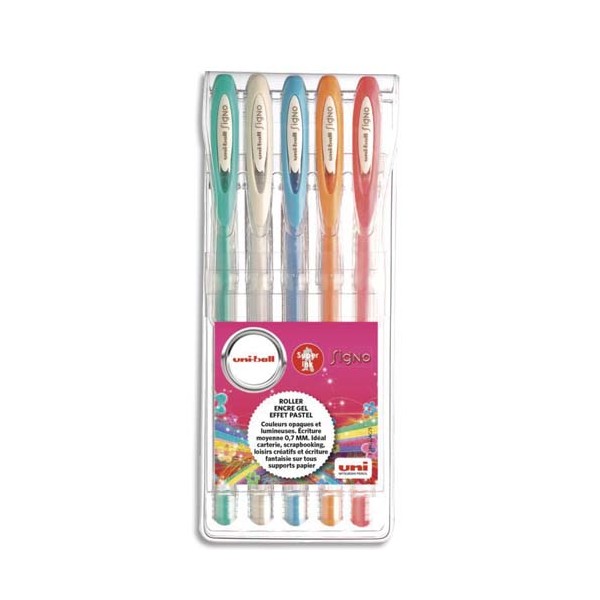 UNIBALL Pochette de 5 stylos bille à encre gel Top lights, couleurs pastelles assorties