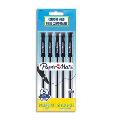 PAPERMATE Sachet de 5 stylos bille Brite à capuchon pointe moyenne 0.7 mm. Encre Noire