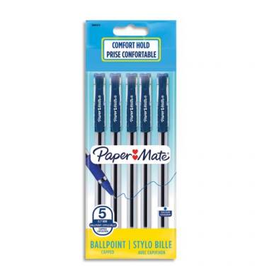 PAPERMATE Sachet de 5 stylos bille Brite à capuchon pointe moyenne 0.7 mm. Encre Bleue