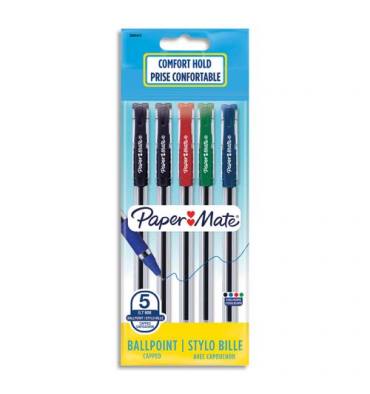 PAPERMATE Sachet de 5 stylos bille Brite à capuchon pointe moyenne 0.7 mm. Assortis standard
