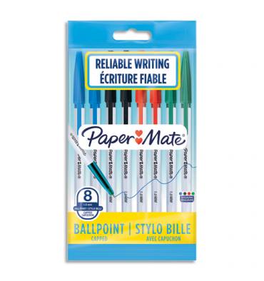 PAPERMATE Sachet de 8 stylos bille 045 à capuchon pointe moyenne 1 mm. Assortis standard