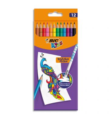 BIC Pochette de 12 Crayons de couleur Kids Evolution Illusion corps rond assortis, effaçable bout gomme
