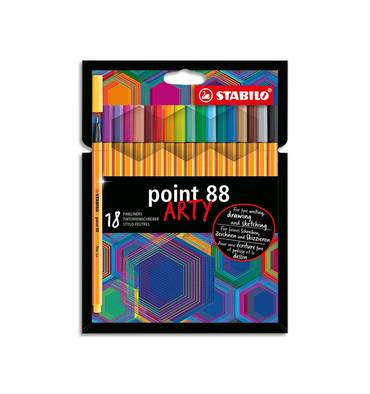 STABILO Etui carton 18 Stylos-feutres Point 88 ARTY, pointe fine grainée de métal, tracé 0,4 mm, assortis