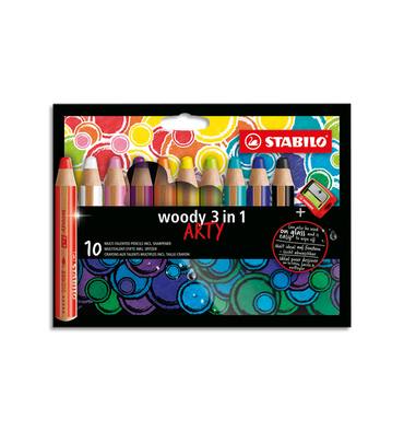 STABILO Etui carton 10 Crayons couleur Woody 3en1 ARTY, mine extra large 10 mm, assortis +1 taille-crayon