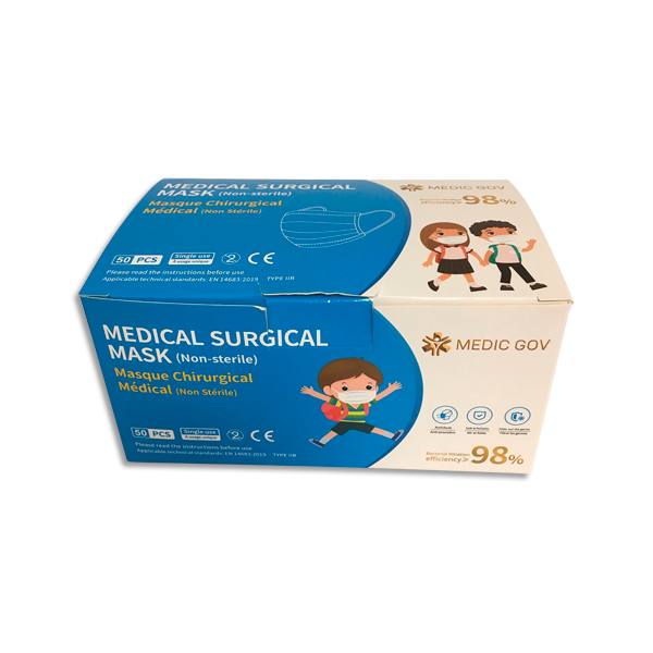 Boîte de 50 masques chirurgicaux jetables 3 plis pour enfants, type IIR, CE EN14683 2019