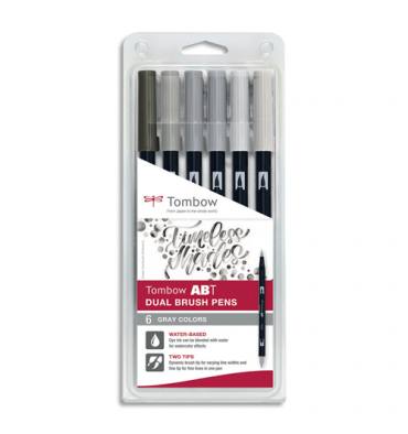 TOMBOW Set 6 ABT Dual Brush Pen, feutre avec pointe fine et pointe pinceau, à base d'eau, couleur gris.