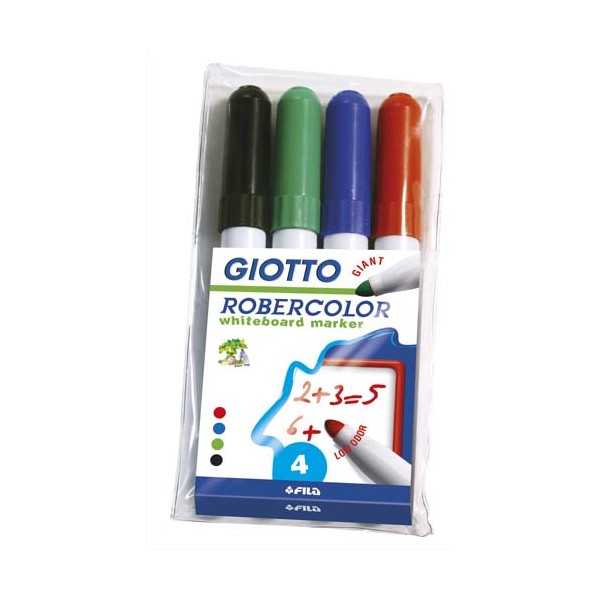 GIOTTO Pochette 4 marqueurs effaçables pointe ogive 7 mm, bleu, rouge, noir, vert. Odeur neutre