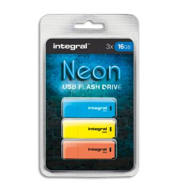 INTEGRAL Pack de 3 clés USB 2.0 16Go Bleue/Jaune/Orange INFD16GBNEONBLYLOR
