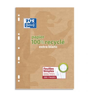 OXFORD Etui 200 copies simples recyclées 90g perforées blanches format 21x29,7cm grand carreaux séyès